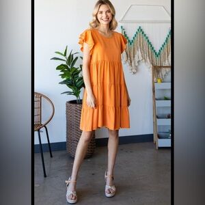 Orange Ruffled Mini Sundress with Flutter Sleeves